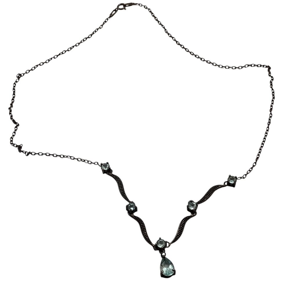 Blue Teardrop and Round Topaz Evening Necklace 925 Sterling Silver VINTAGE